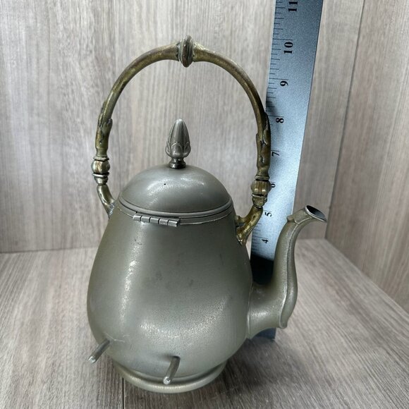 Vintage Decorative Metal Teapot with Ornate Brass Handle Hinged Lid Silver Tone - Picture 11 of 11